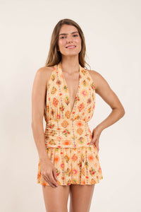 Model Front: Rio De Sol Mini Dress Mosaico Low Cut Dress